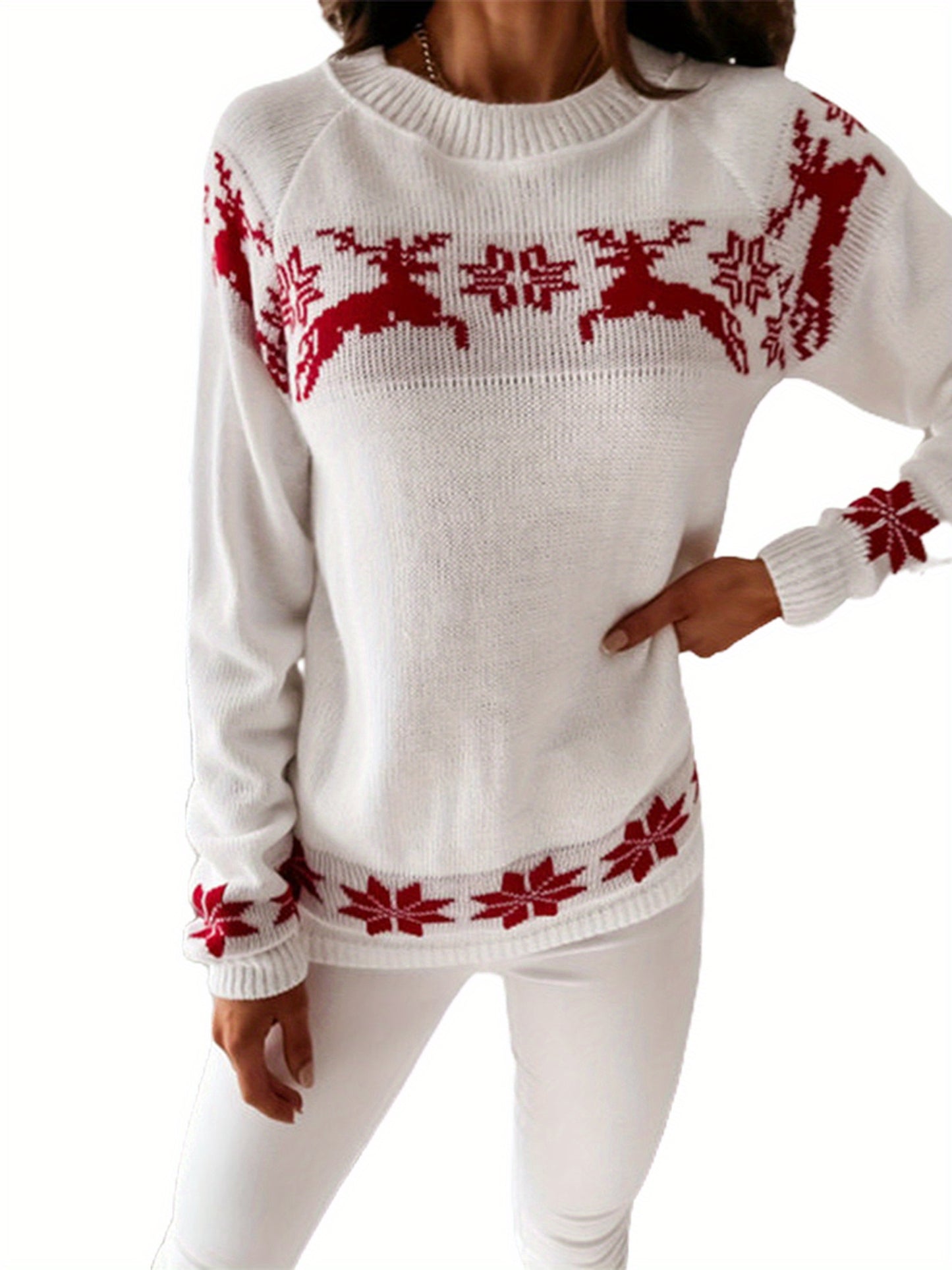 Women's Christmas Round Neck Sweaters, Long Sleeve Elk Snowflake Print Loose Knit Tops