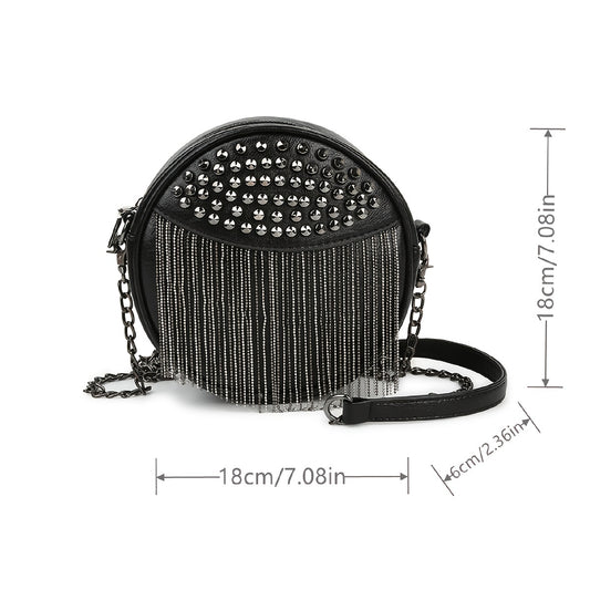 realaiot  Studded & Fringe Decor Circle Bag, Fashion Chain Crossbody Bag, Women's PU Leather Purse With Tassel