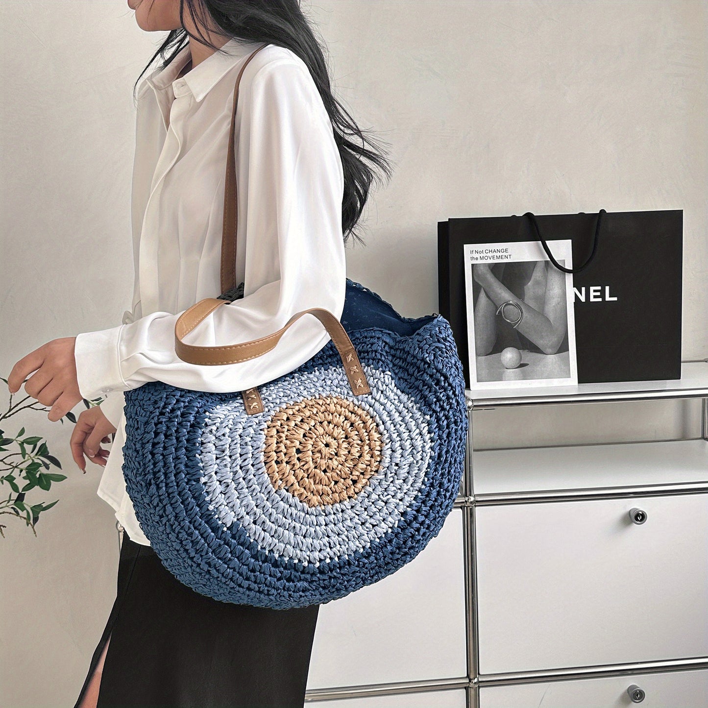 realaiot  Woven Straw Round Handbags, Hollow Out Summer Beach Bag, Women's Large Capacity Shoulder Bag