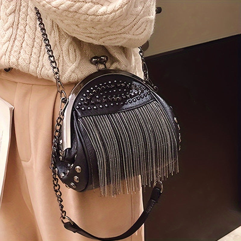 realaiot  Niche Fashionable Kiss-Lock Handbag, Rivets Novelty Tassel Decor Shoulder Chain Bag For Women