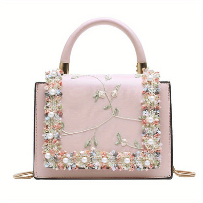 realaiot  Floral Embroidery Handbags For Women, Faux Pearl Decor Crossbody Bag, Fashion Sweet Flap Square Purses