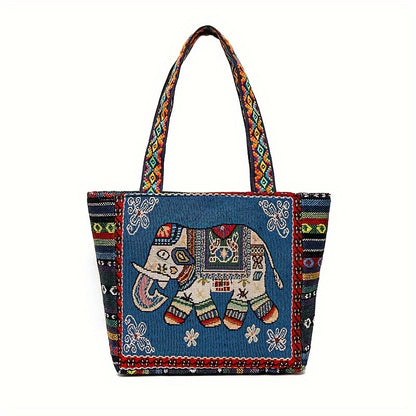 realaiot  New Ethnic Style Shoulder Bag, Butterfly Elephant Pattern Casual Travel Storage Tote Bag For Women