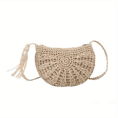 realaiot  Woven Crossbody Bag, Beach Straw Shoulder Bag, Small Capacity Fashion Vacation Bag For Women