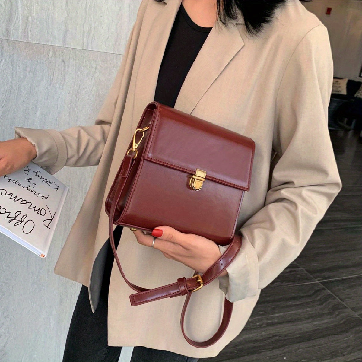 realaiot Solid Color Flap Mini Square Bag, Faux Leather Stylish Crossbody Bag, Metal Lock Adjustable Strap Shoulder Bag