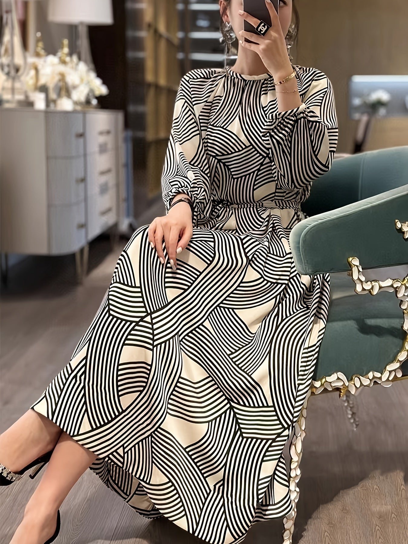 realaiot  Allover Print Belted Maxi Dress, Crew Neck Long Sleeve Elegant Dress, Women's Clothing