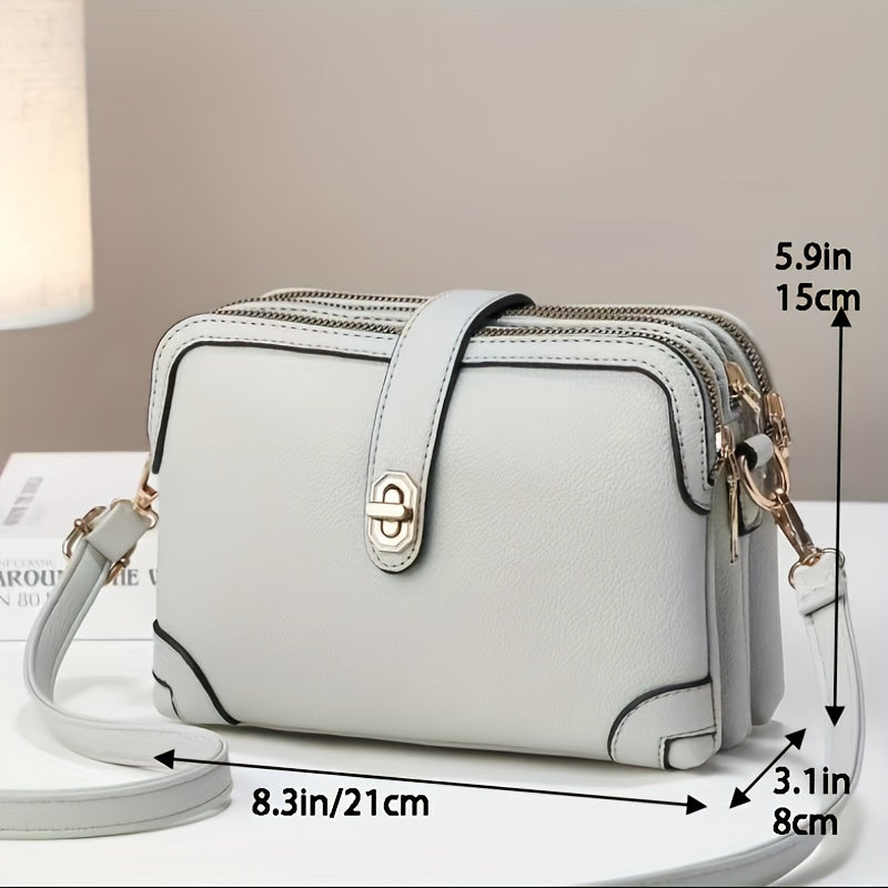 Multi Layer Crossbody Bag, Fashion Mini Shoulder Bag, Women's Three Zipper Square Purse