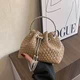 Mini Woven Bucket Bag For Women, Trendy Rhinestone Handbag, PU Leather Crossbody Bag With Chain Strap