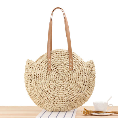 realaiot  Hollow-Out Straw Handbag, Fashion Woven Beach Bag, Round Large Capacity Shoulder Bag