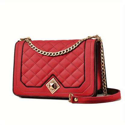 realaiot Quilted Metal Chain Crossbody Bag, PU Leather Square Bag Purse, Classic Versatile Fashion Shoulder Bag