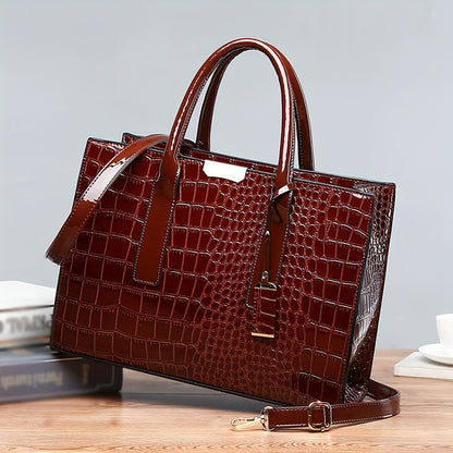 Elegant Crocodile Pattern Tote Bag, Luxury Top Handle Handbag, PU Leather Purse For Women