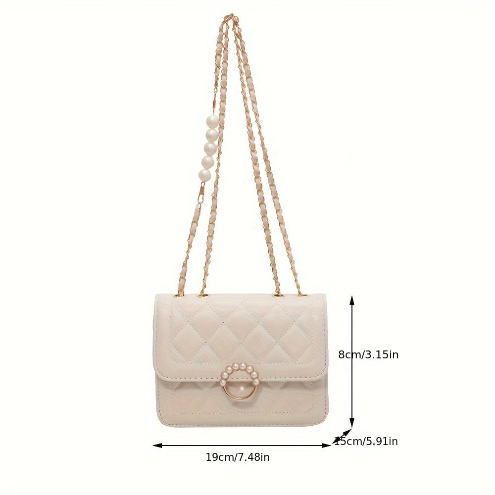 realaiot  Mini Faux Leather Quilted Crossbody Bag, Trendy Flap Shoulder Bag, Faux Pearl Chain Decor Women's Elegant Handbag & Purse