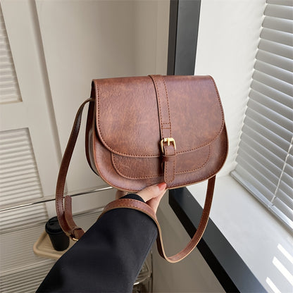 realaiot  Retro Mini Crossbody Bag, Fashion Solid Color Saddle Bag, Women's Vegan Leather Shoulder Purse