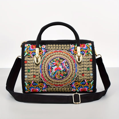 Vintage Embroidered Boston Bag, Retro Bohemian Tote Bag, Women's Ethnic Style Handbag & Purse