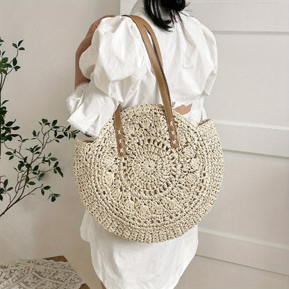 realaiot  Woven Straw Round Handbags, Hollow Out Summer Beach Bag, Women's Large Capacity Shoulder Bag