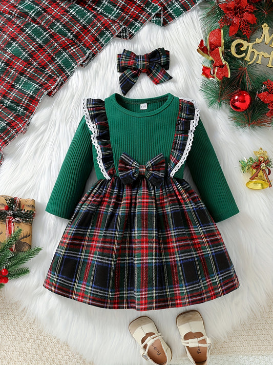 Adorable Princess Dress - Long Sleeve, Lattice Print, Bow Tie, Christmas Themed, Cute and Festive Outfit for Infant Girls