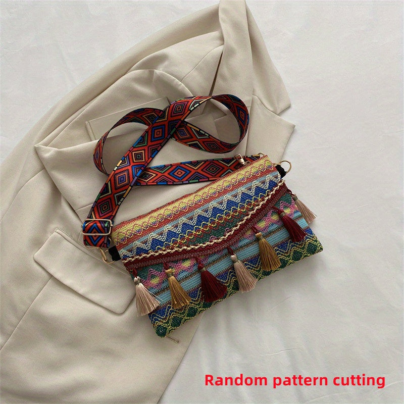 realaiot  Ethnic Style Crossbody Bag, Women's Tassel Decor Flap Purse, Fashion Canvas Shoulder Bag