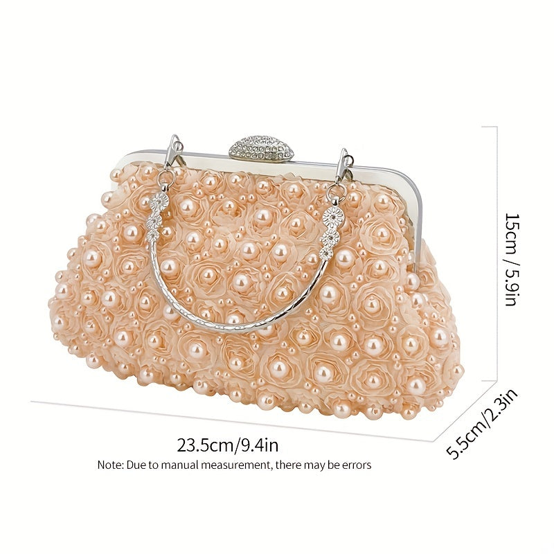 Faux Pearl Decor Evening Bag, 3D Flower Wedding Bridal Bag, Top Ring Clutch Purse For Prom Banquet