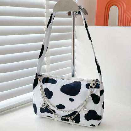 All Over Cow Pattern Baguette Bag, Trendy Zipper Shoulder Wallet With Butterfly Decor Chain Strap