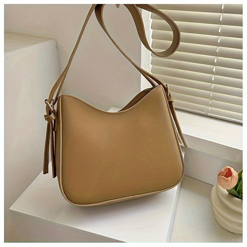 realaiot Trendy All-match Zipper Crossbody Bag, Simple Solid Color Bucket Bag, Perfect Casual Shoulder Bag For Daily Use