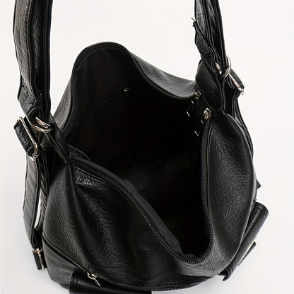 Vintage PU Soft Leather Hobo Bag, Trendy Convertible Backpack, Large Capacity Shoulder Bag For Women