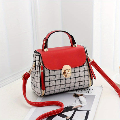 realaiot  Plaid Pattern Portable Handbag, Faux Leather Flap Shoulder Bag, Fashion Adjustable Strap Crossbody Bag