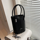 realaiot  Mini Metal Chain Barrel Crossbody Bag, PU Leather Top Handle Bag Purse, Creative Versatile Fashion Shoulder Bag