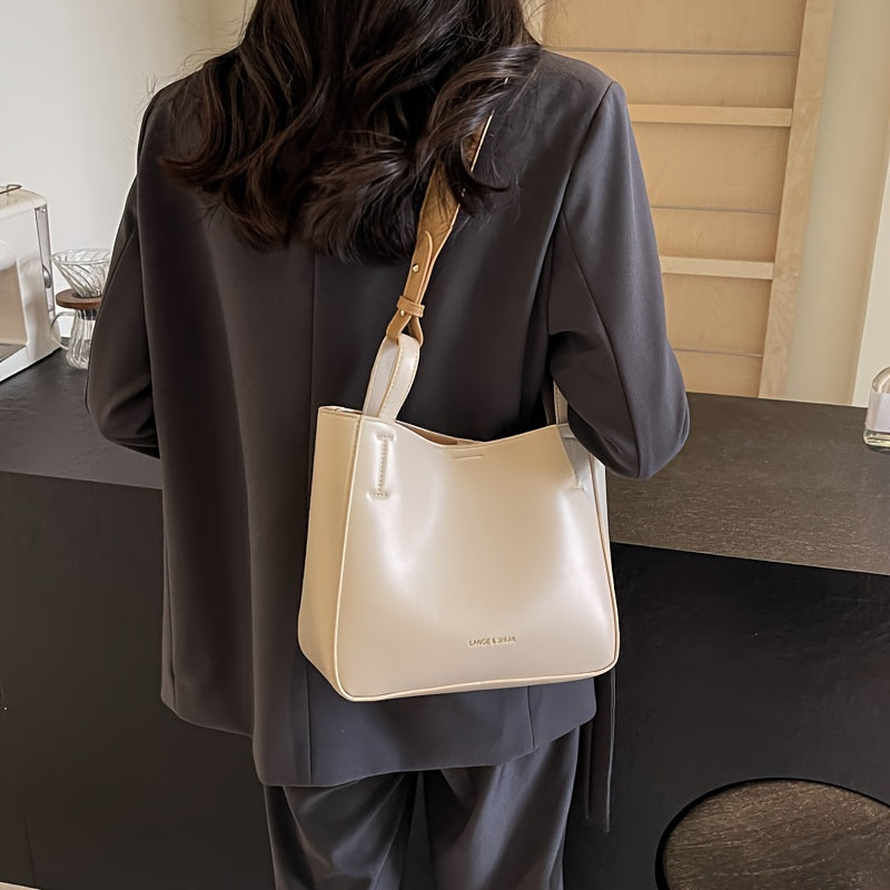 Trendy Small Shoulder Bag, Vegan Leather Bucket Bag, Simple Handbag For Women