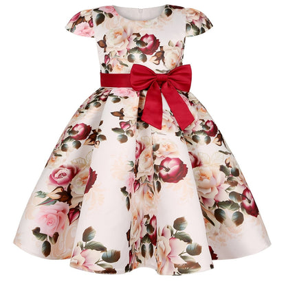 Elegant Floral Print Bowknot Princess Dress for Girls - Fit & Flare Midi with Lace-Up Detail