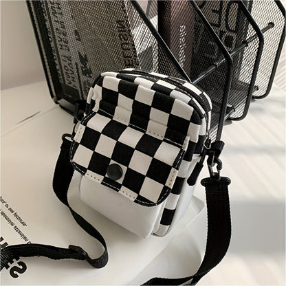 realaiot  Checkered Canvas Crossbody Bag, Pocket Front Square Purse, Mini Shoulder Bag For Phone Key