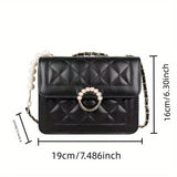 realaiot  Quilted Square Flap Crossbody Bag, Fashion Luxury PU Leather Purse With Pearl Chain, Women's Classic Versatile Handbag & Shoulder Bag