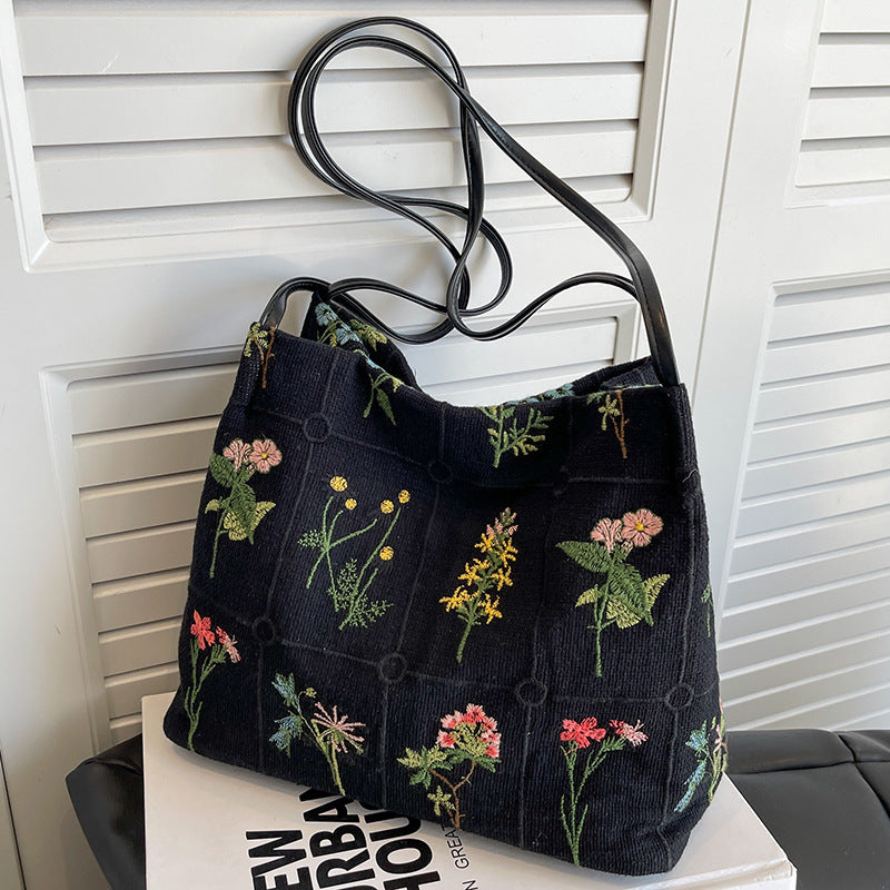 realaiot  Vintage Floral Embroidered Tote Bag, Retro Canvas Shoulder Hobo Bag, Women's Trendy Handbag & Bucket Purse