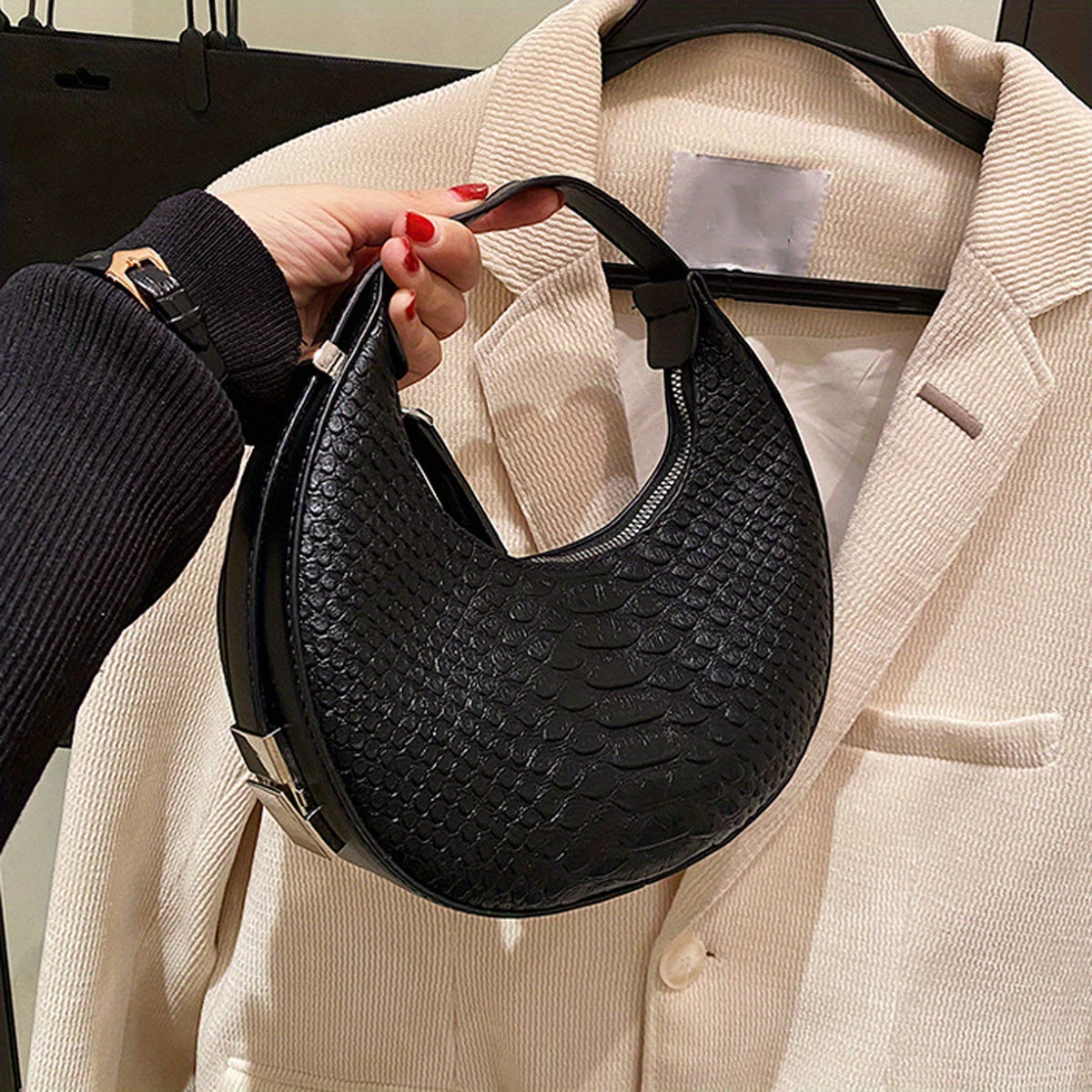 realaiot Minimalist Crocodile Pattern Baguette Bag, Solid Color Shoulder Bag, All-Match Underarm Bag