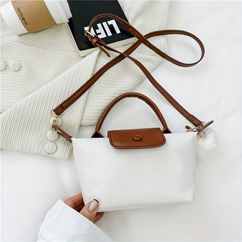 Trendy Pompom Decor Mini Crossbody Bag, Simple Solid Color Zipper Handbag, Perfect Shoulder Bag For Daily Use