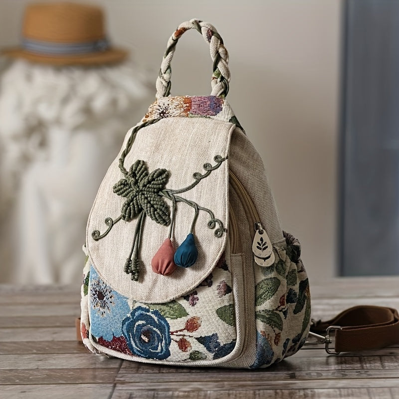 realaiot  1pc Ethnic Style Hand-woven Floral Pattern Personality Backpack, Original Design, Casual Fashion Backpack, Multifunctional Backpack, Fashion Creative Backpack For Beach Vacation Holiday Trave