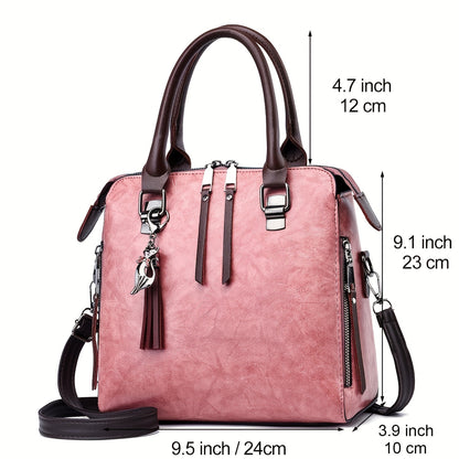 Tassel Decor Satchel Bag, Fashion PU Leather Shoulder Bag, Women's Double Handle Office & Work Purse