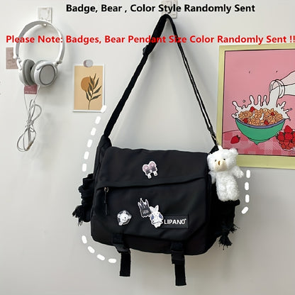 realaiot  Kawaii Pins Decor Messenger Bag, Release Buckle Decor Flap Crossbody Bag, Large Capacity School Bag