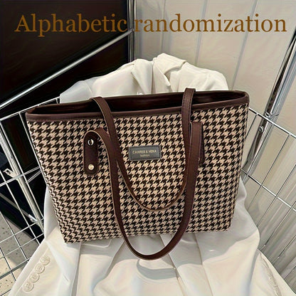 realaiot  Retro Houndstooth Pattern Tote Bag, Large Capacity Shoulder Bag, Fashion Handbag For Work School Shopping