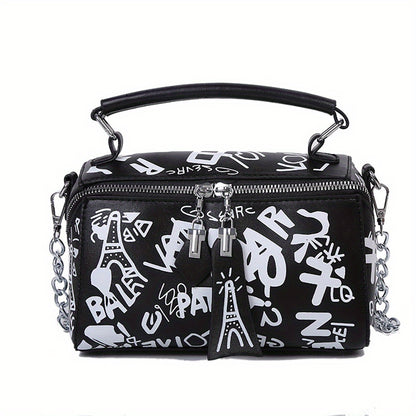 Graffiti Handbags For Women, Trendy Chain Crossbody Bag, Small Zipper Box Purse