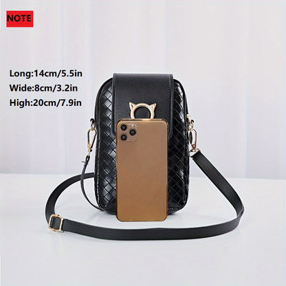 realaiot  Mini Woven Mobile Phone Bag, Metal Cat Decor Crossbody Bag, Women's Faux Leather Flap Purses (5.5*3.2*7.9)Inch