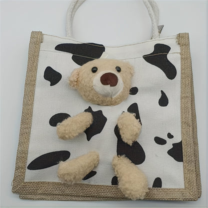 Kawaii Cow Print Tote Bag, Cute Bear Pendant Canvas Bag, Women's Casual Handbag & Shopping Bag