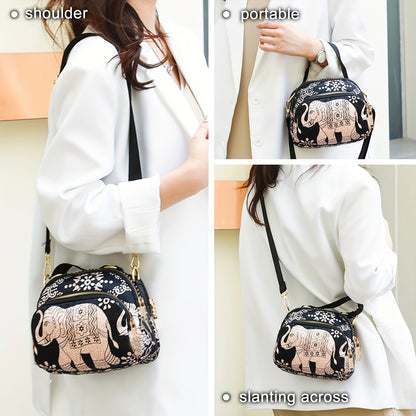 realaiot  Elephant & Floral Printed Shoulder Bag, Stylish Nylon Crossbody Bag, Casual Going Out Handbag