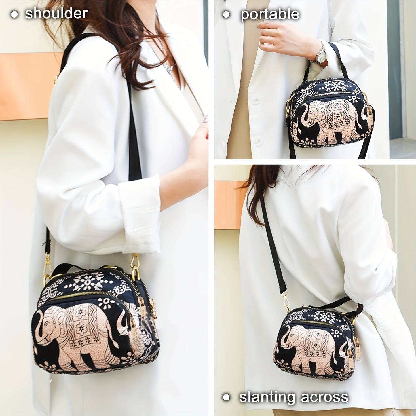 Elephant & Floral Printed Shoulder Bag, Stylish Nylon Crossbody Bag, Casual Going Out Handbag