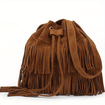 Retro Tassel Drawstring Bucket Bag, Drawstring Crossbody Bag, Simple Fringe Shoulder Bag For Travel & Daily Use