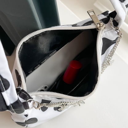 All Over Cow Pattern Baguette Bag, Trendy Zipper Shoulder Wallet With Butterfly Decor Chain Strap