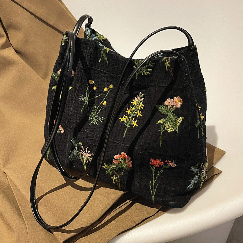 realaiot  Floral Embroidery Shoulder Bag, Vintage Daily Bucket Bag, Fashion Handbags For Women