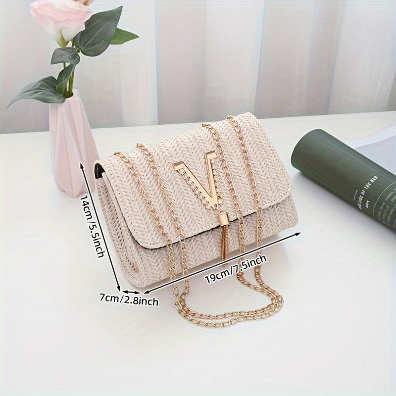 realaiot  1pc Mini Pearl Decor Crossbody Flap Straw Bag (7.5*2.8*5.5) Inch