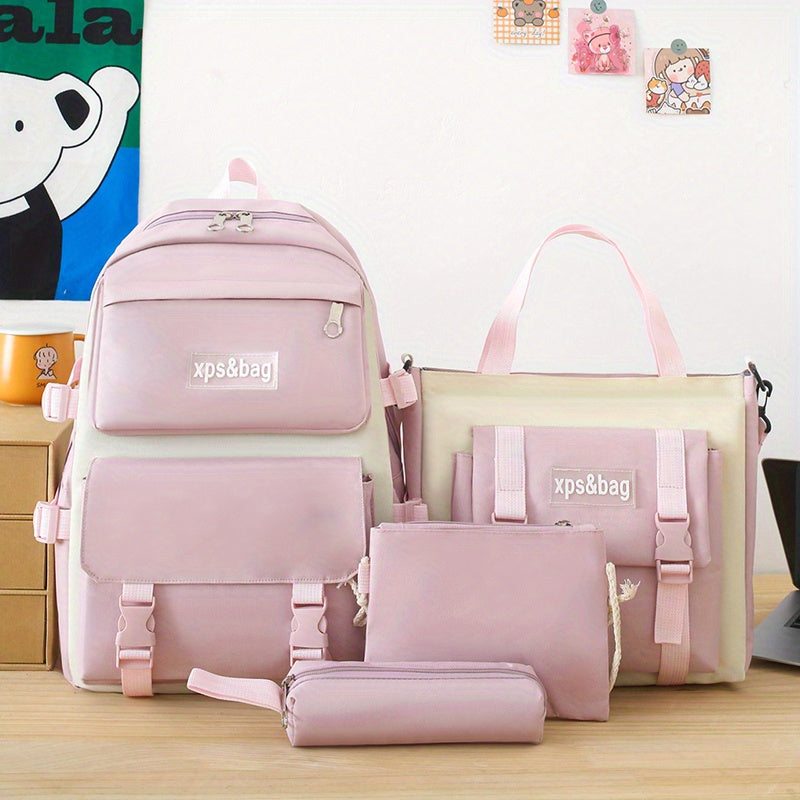 realaiot  4Pcs Student Backpack Set, Preppy Style School Bag With Tote Bag & Crossbody Bag & Pencil Case