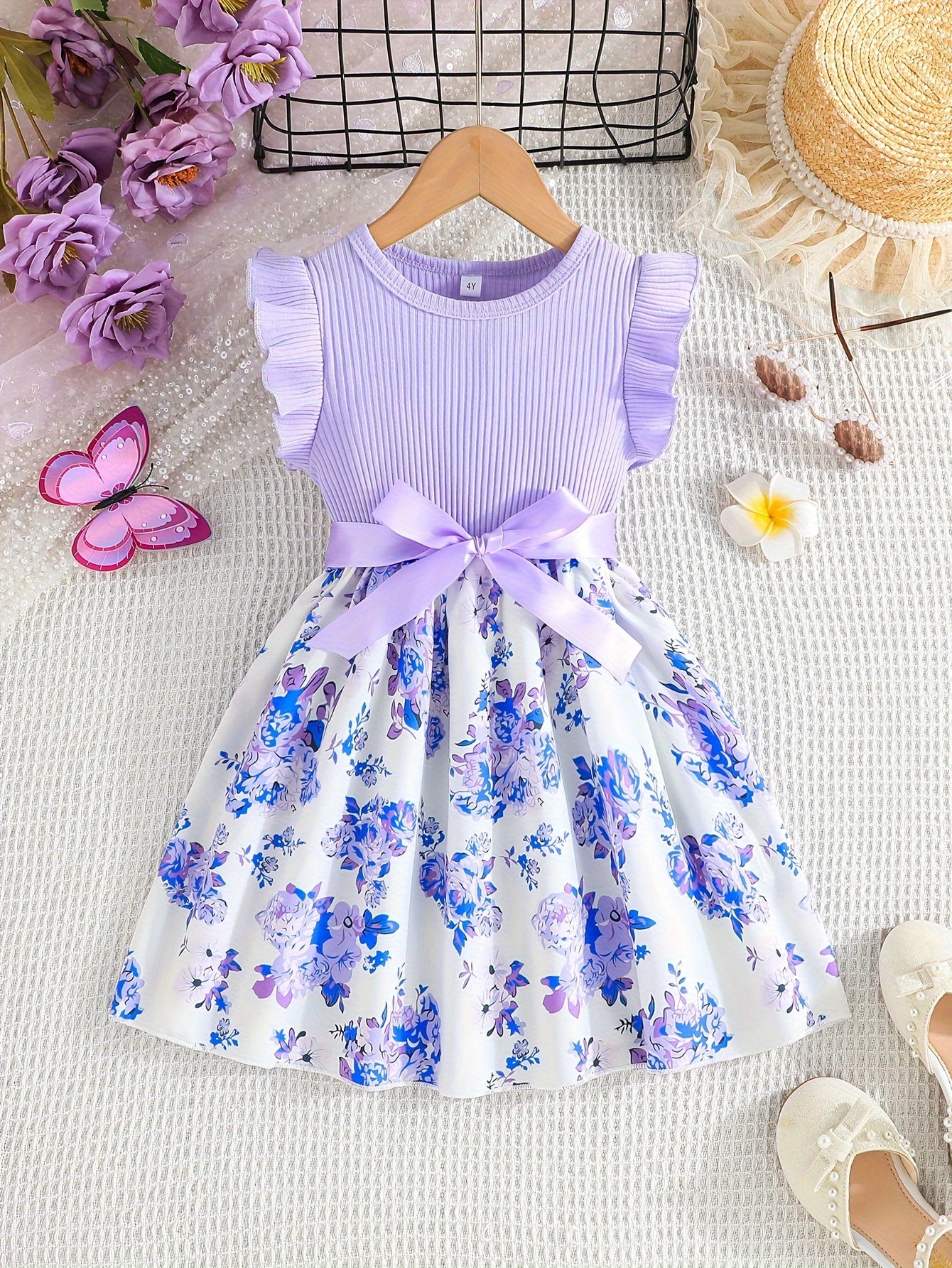 Charming Sweet Girls Floral Spliced Dress - Soft 93% Cotton, Perfect for Summer Parties & Gifts