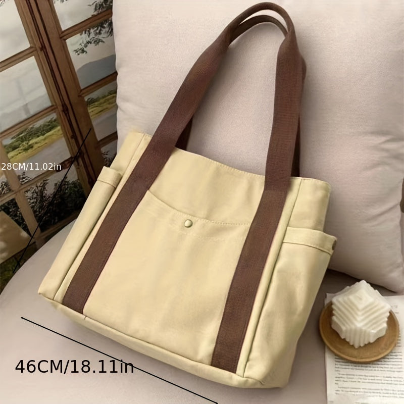 Large Capacity Canvas Tote Bag, Multi Pockets Shoulder Bag, Portable Handbag For School Work Travel Shopping