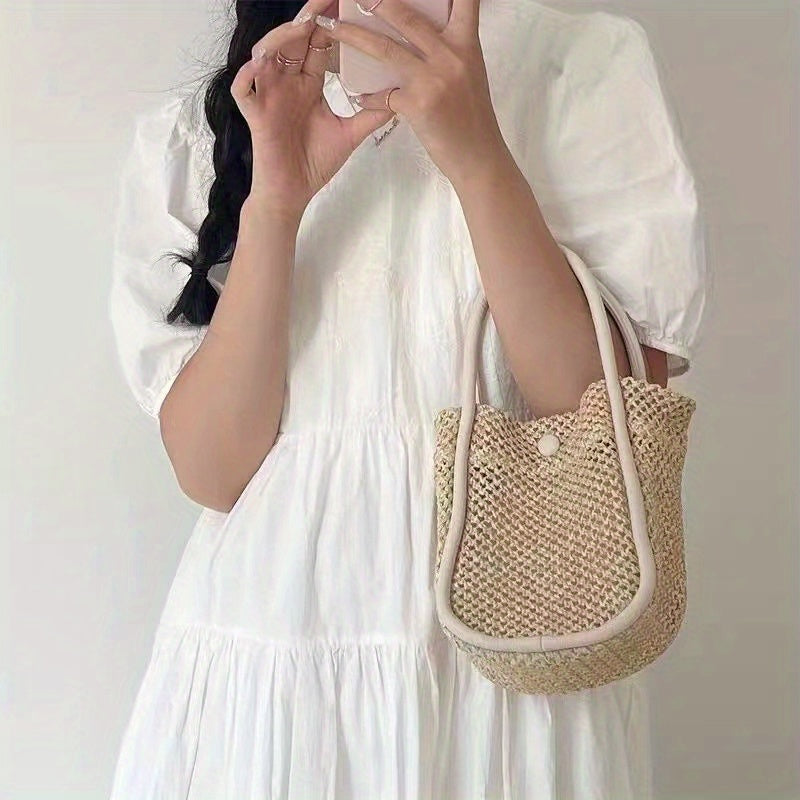 realaiot  Woven Straw Handbag With Inner Pouch, Trendy Summer Beach Bag, Women's Knitted Crossbody Bag (7.87*6.3*4.33) Inch